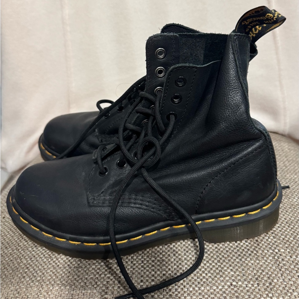 Black Leather Lace-Up Women's Boots with Yellow Stitching